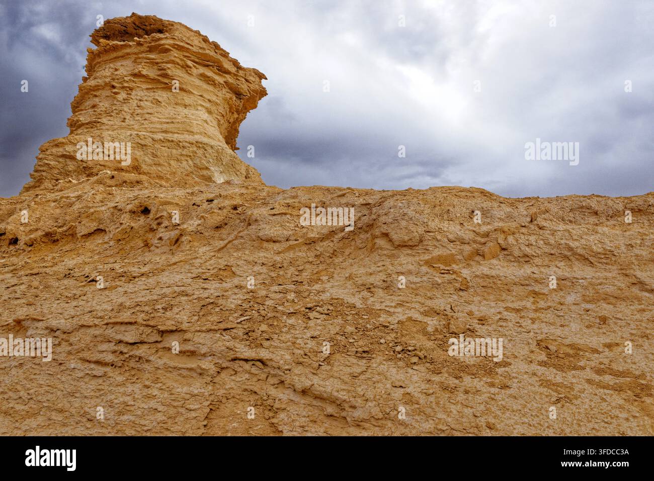 Vista ad angolo basso dello spettacolare pilastro di calcare Camel Rock che si innalza da una cresta di arenaria erosa sotto nuvole tempestose a Ong Jmal, Tunisia. Fot Foto Stock