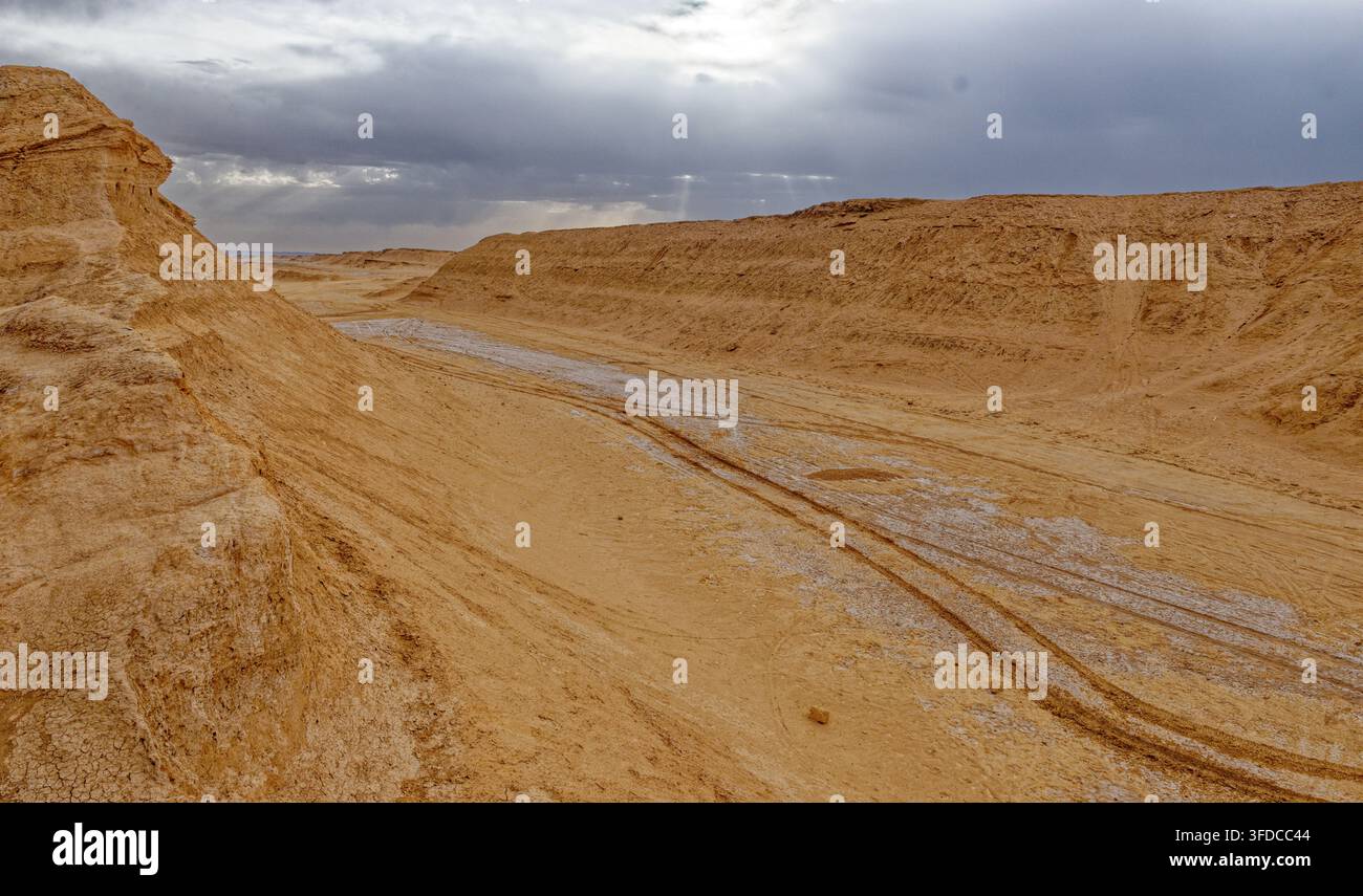Fondo di canyon desertico arido segnato da tracce di pneumatici che portano alle pianure salate sotto le scogliere di arenaria sotto un cielo nuvoloso a Ong Jmal, Tunisia. Catturato l'08 Foto Stock
