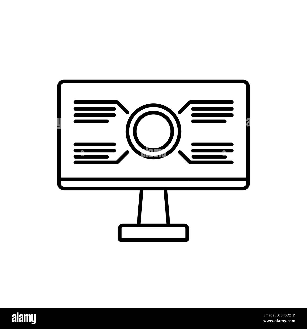 Icona di monitor di computer in arte lineare minimalista che mostra un diagramma di mirino bersaglio con linee di testo strutturate per il focus analitico Illustrazione Vettoriale