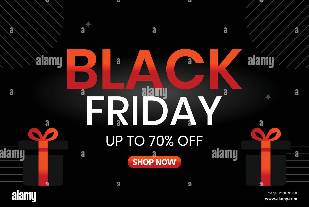 Modello di banner vettoriale per Super Saldi del Black Friday con scatole regalo e etichetta sconto Illustrazione Vettoriale
