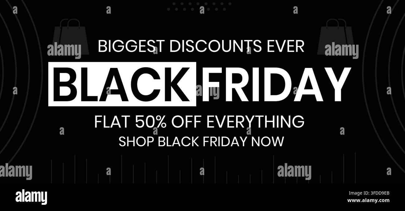 Modello di banner per Super Saldi del Black Friday con gli sconti più grandi di sempre e annuncio di uno sconto del 50 percento Illustrazione Vettoriale