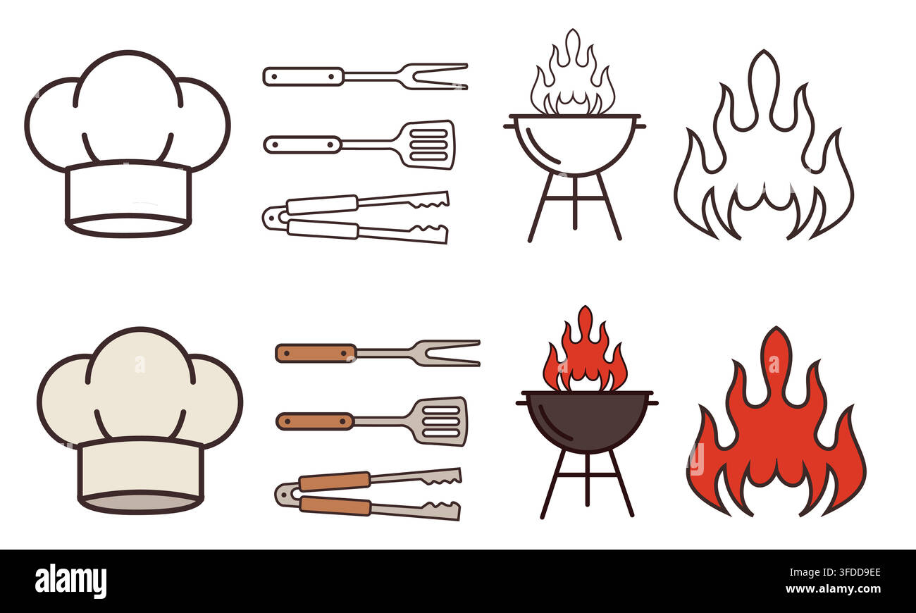 Set di attrezzi per barbecue e grill, elementi vettoriali con cappello da chef, utensili, grill a carboni e icone di fiamme Illustrazione Vettoriale