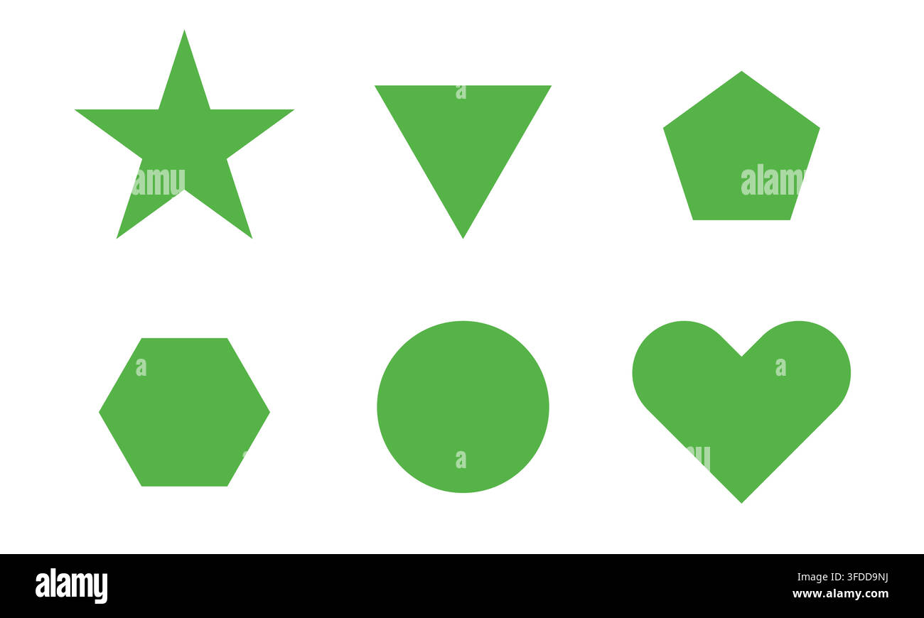 Set di vettori di forme geometriche di base verdi con icone di stella, triangolo, pentagono, esagono, cerchio e cuore Illustrazione Vettoriale