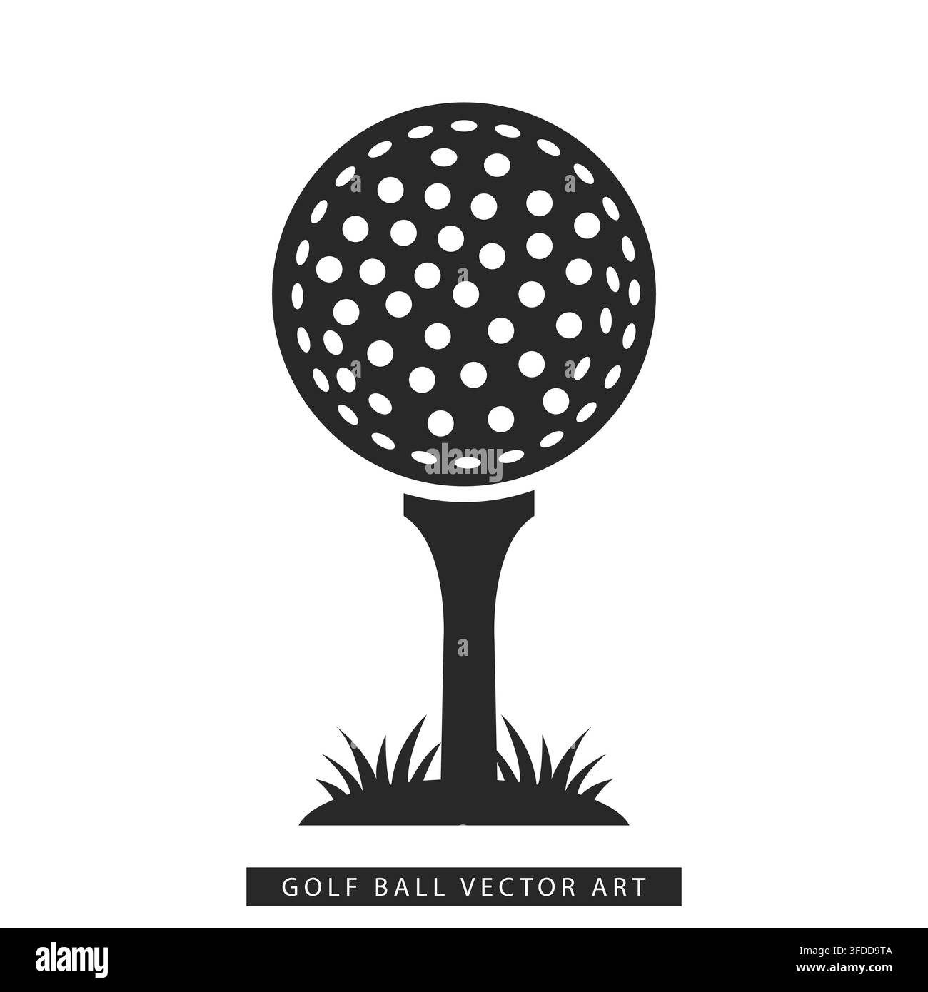 Palla da golf classica in bianco e nero su tee con illustrazione vettoriale dell'erba per il design del logo sportivo Illustrazione Vettoriale
