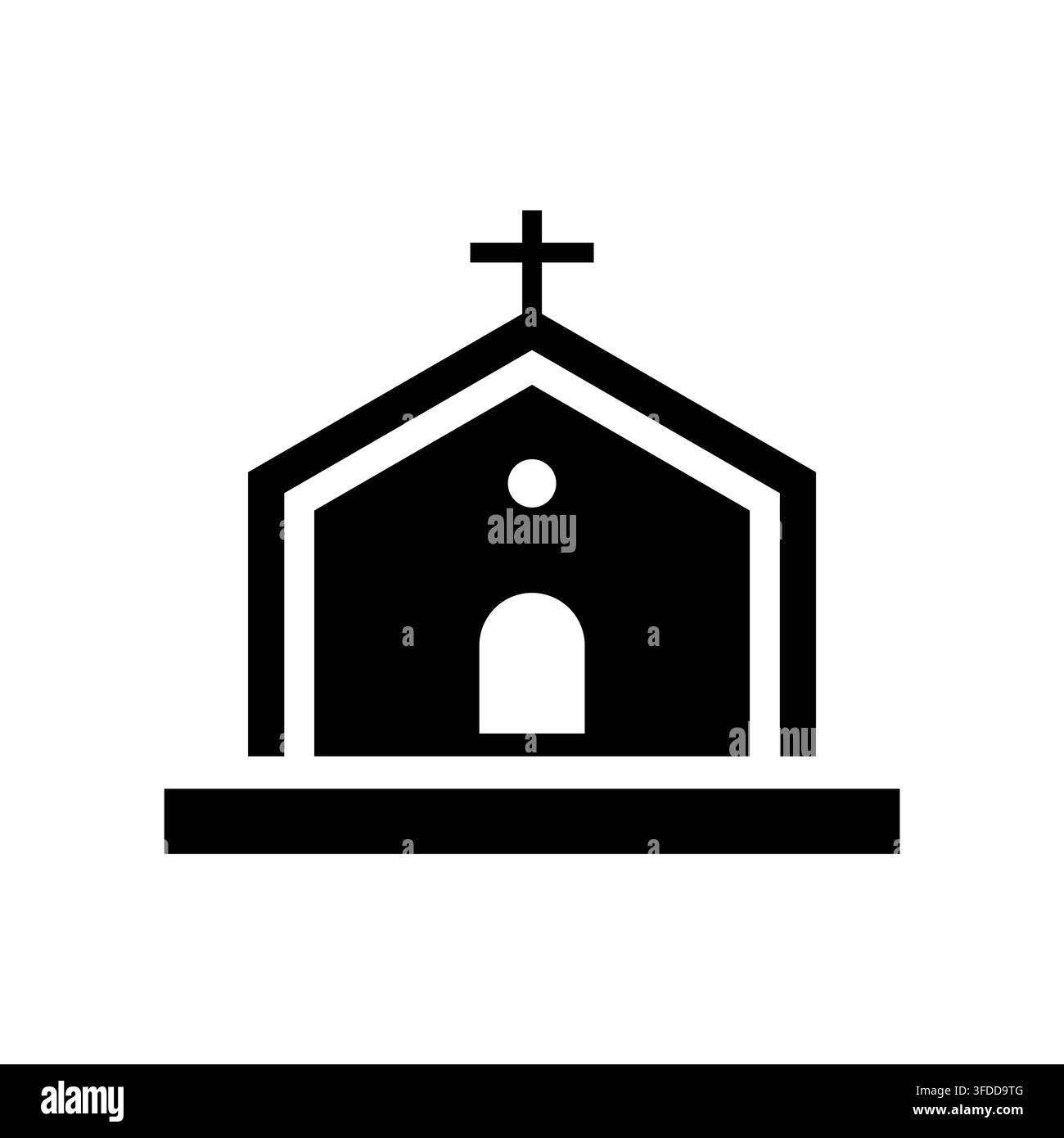 Illustrazione vettoriale di icona di chiesa nera minimalista con un tetto semplice e un simbolo di croce cristiana, isolato su uno sfondo bianco pulito Illustrazione Vettoriale