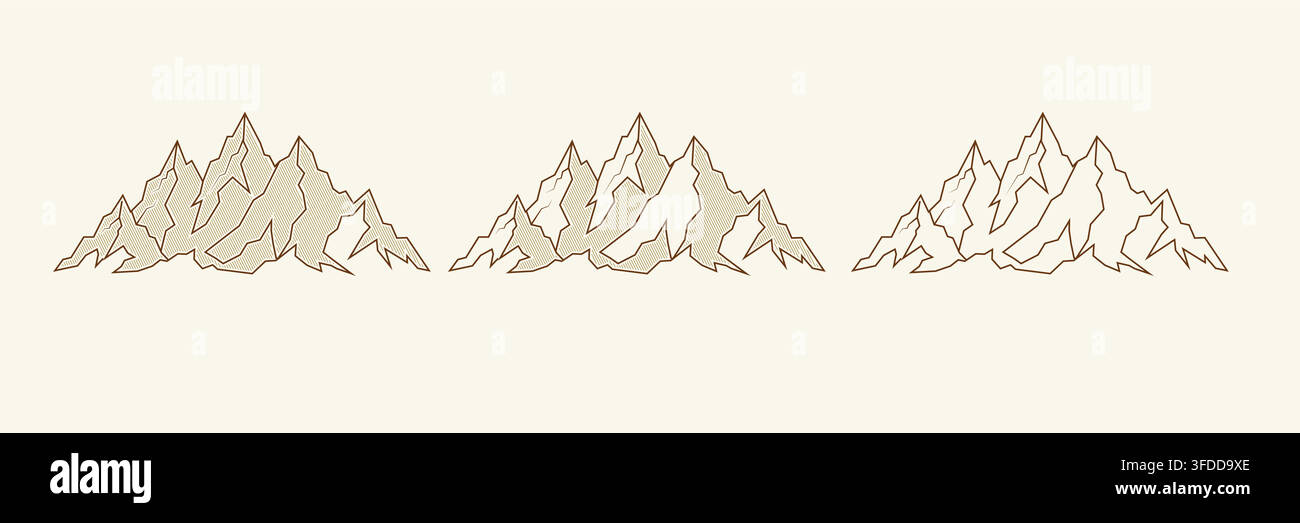 Set di illustrazioni vettoriali di catene montuose disegnate a mano in stile vintage con dettagli in stile incisione a tratteggio per avventure all'aperto e loghi di design naturale Illustrazione Vettoriale