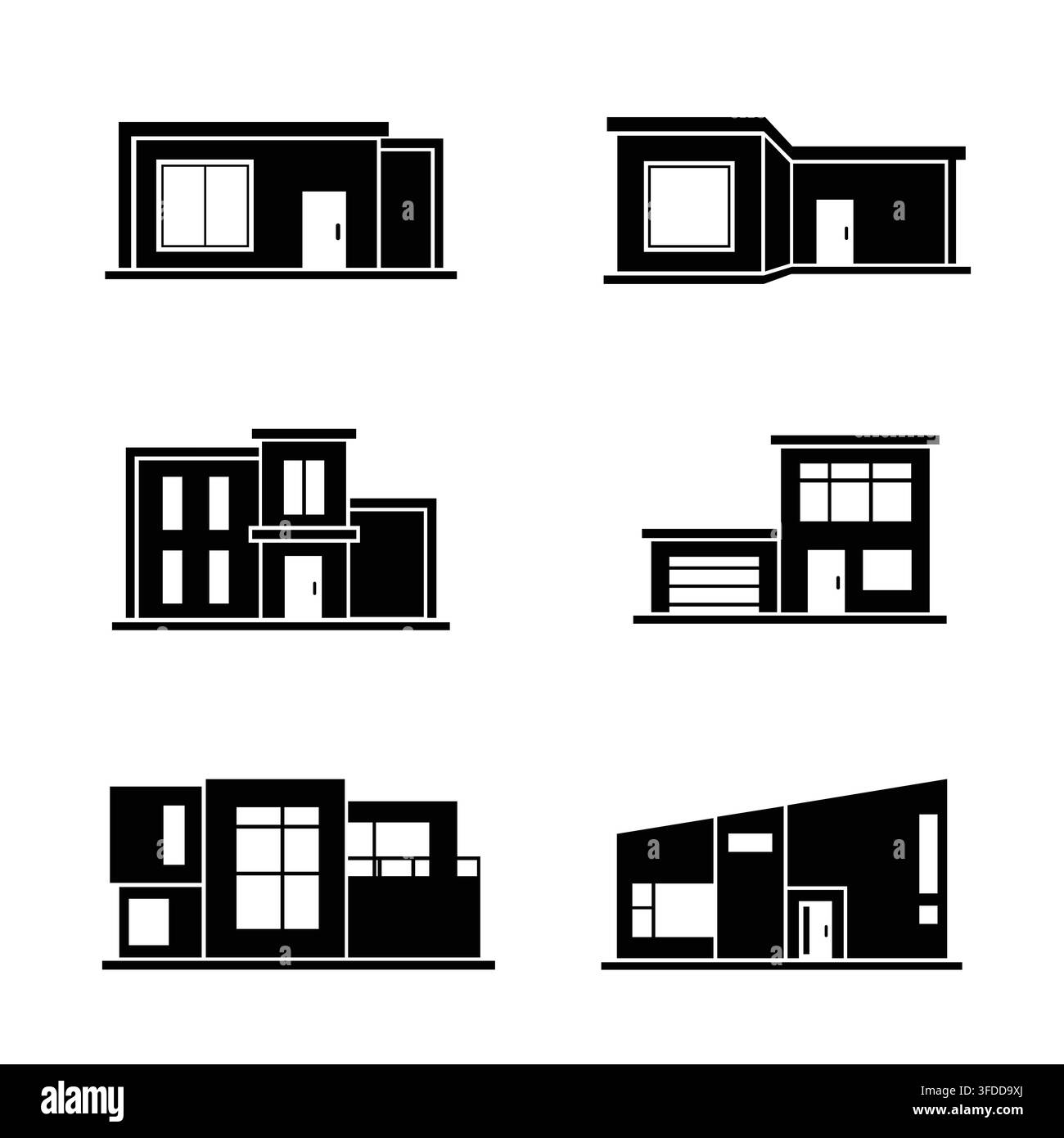 Set di icone a silhouette nera per edifici e architettura moderna con case contemporanee, ville e design immobiliari Illustrazione Vettoriale