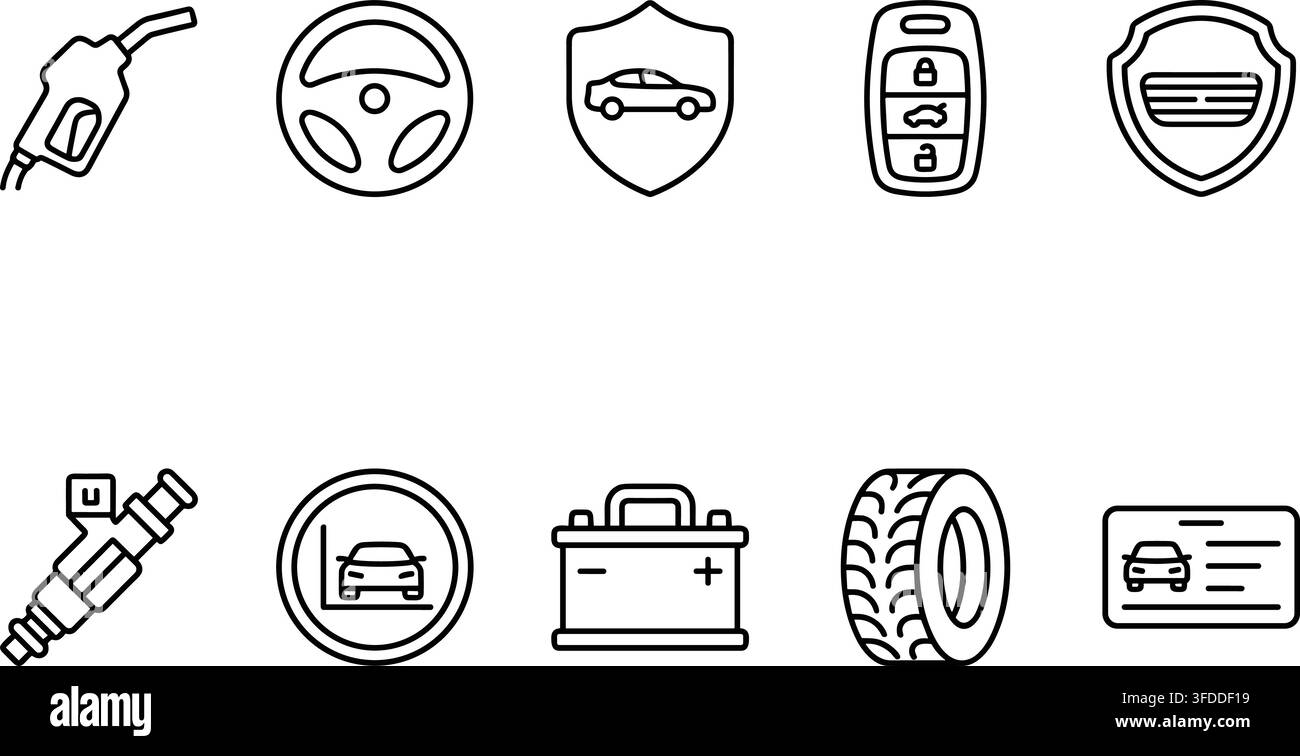 Icone lineari per parti auto e sistema di sicurezza, simboli neri per batteria di carburante, sterzo e chiave intelligente per servizi auto. Illustrazione Vettoriale