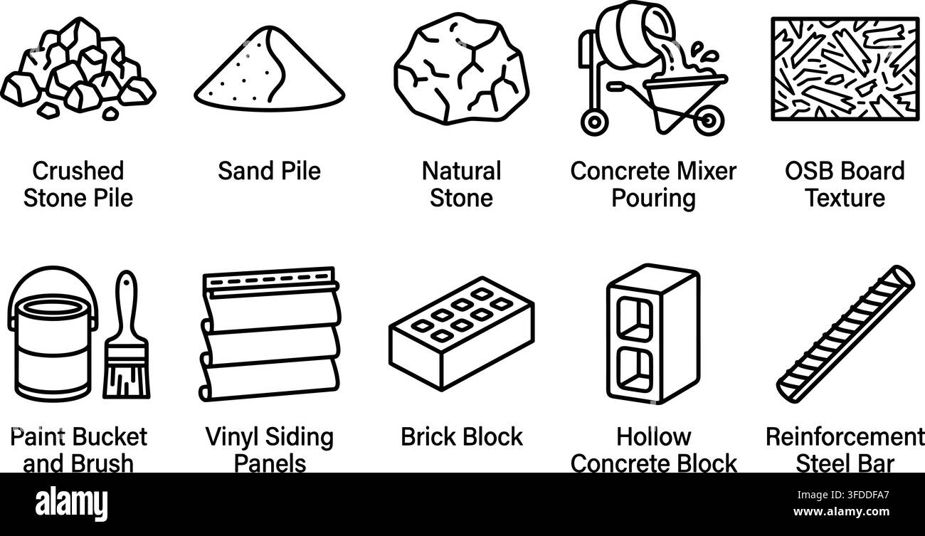 Set di icone di contorno per materiali da costruzione che includono vari elementi edili e texture su sfondo trasparente. Illustrazione Vettoriale