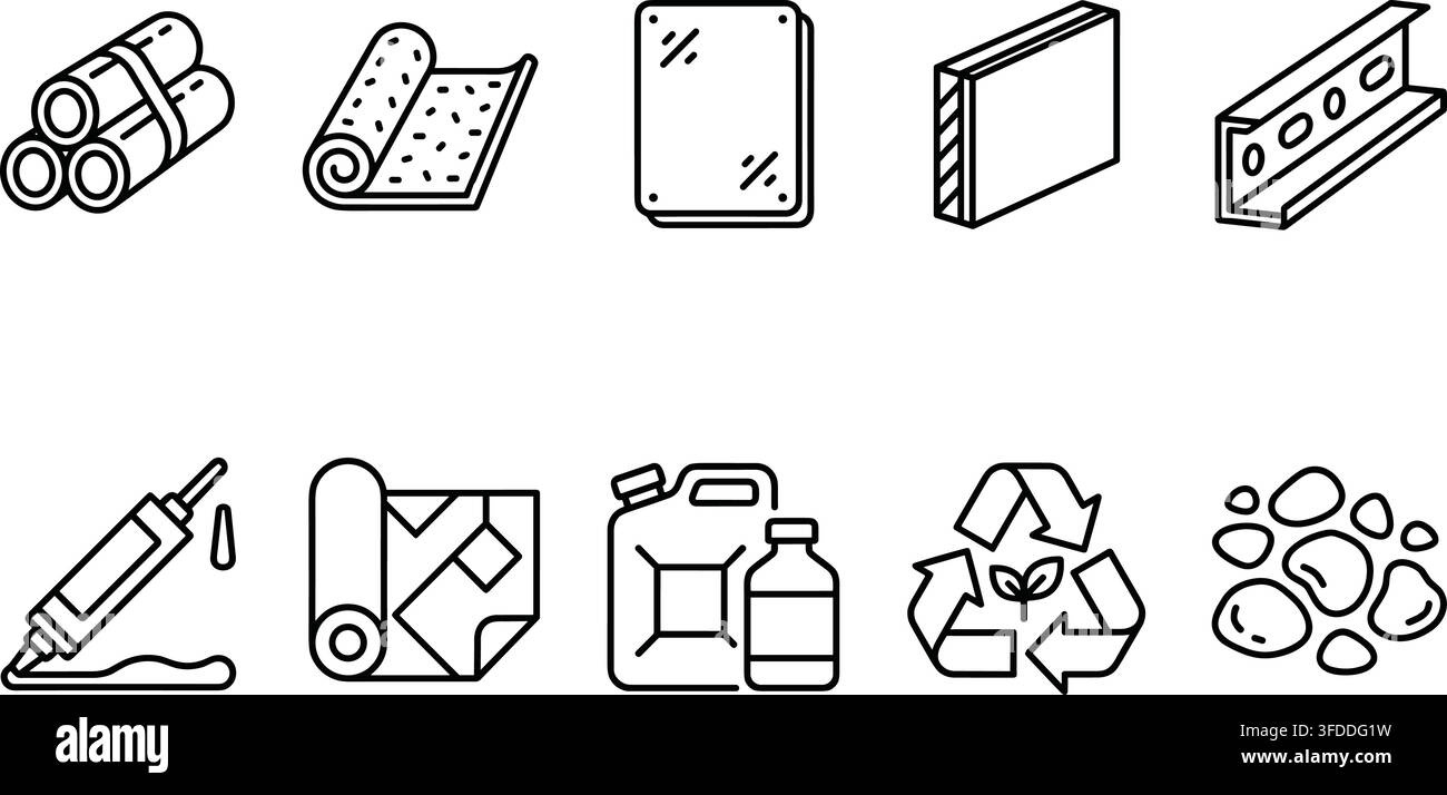 Icone a contorno nero per materiali da costruzione industriali che presentano prodotti hardware e simboli di riciclaggio. Illustrazione Vettoriale