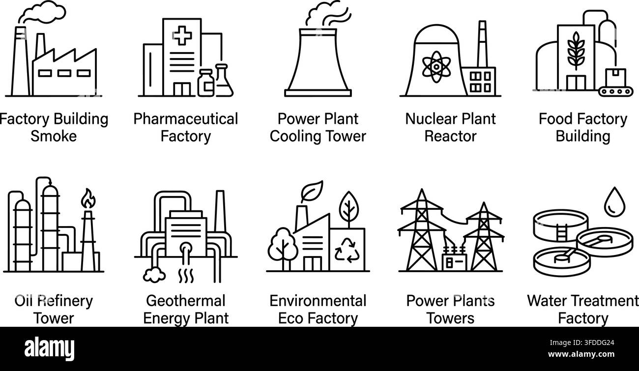 Strutture di impianti industriali icone a linea sottile simboli schematici neri di fabbriche centrali elettriche e raffinerie. Illustrazione Vettoriale
