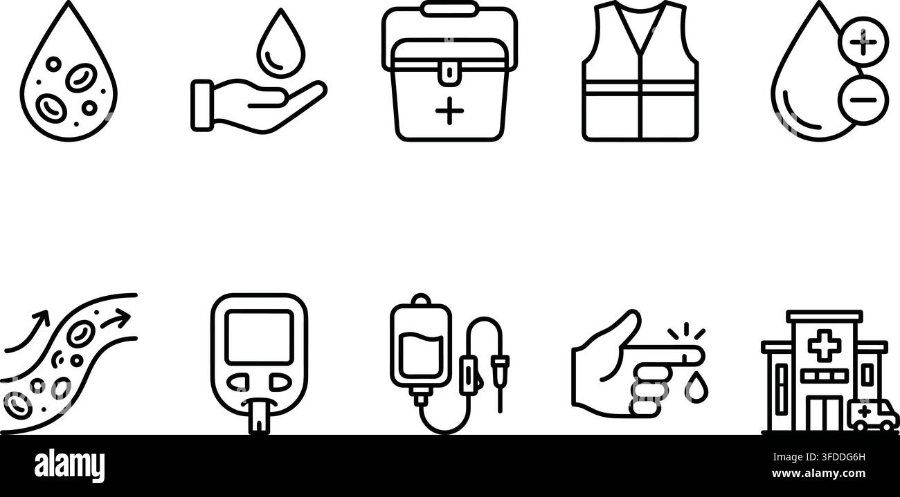 Icone di assistenza medica per la donazione del sangue e il monitoraggio della salute con gocce di sangue, mani e dispositivi. Illustrazione Vettoriale
