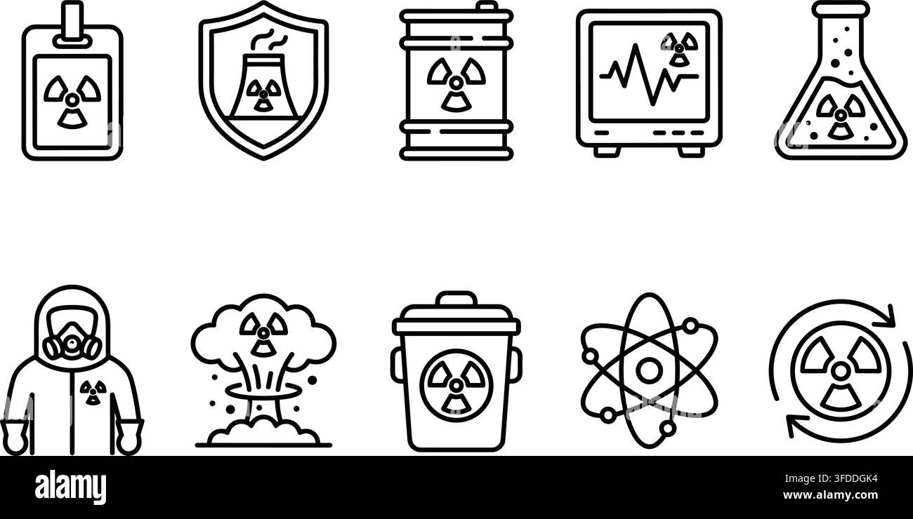 Set di icone di contorno del pericolo di radiazioni fornisce attrezzature protettive, rifiuti e simboli scientifici per la sicurezza. Illustrazione Vettoriale