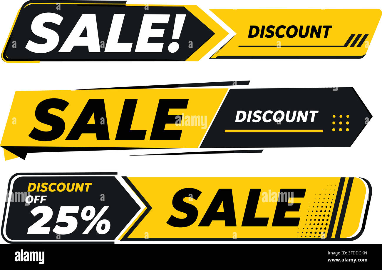 Set di banner orizzontali neri e gialli con forme geometriche moderne per promozioni di sconti al dettaglio. Illustrazione Vettoriale