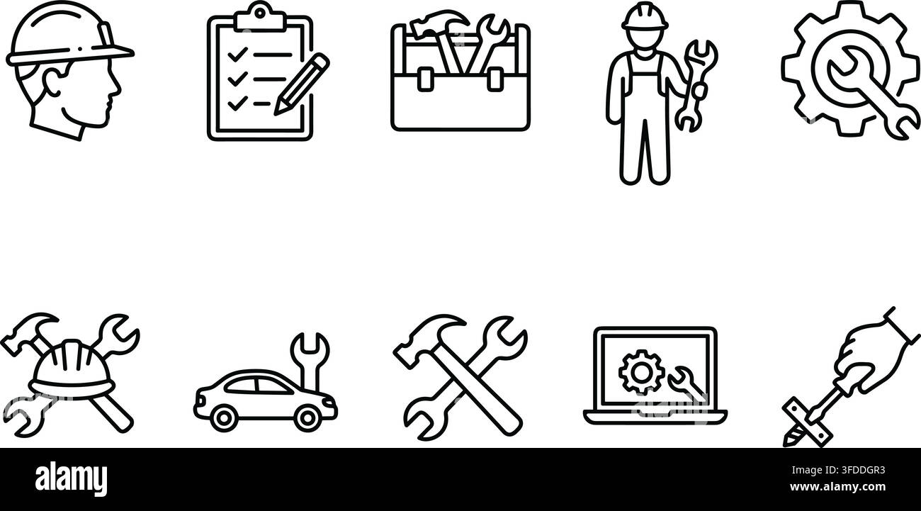Icone di tecnico di servizio con strumenti di personale di manutenzione, attrezzature e progetti di attrezzature per riparazioni automotive. Illustrazione Vettoriale