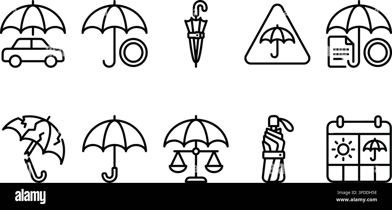 Icone a linea sottile per la protezione meteorologica e l'assicurazione con ombrelli, scale e grafici di accessori danneggiati. Illustrazione Vettoriale
