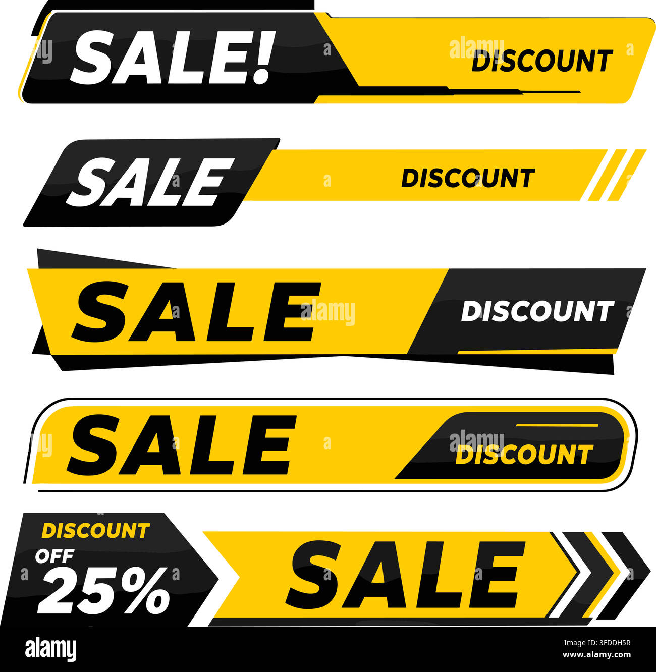 Banner di sconti gialli e neri per varie offerte promozionali e campagne di marketing. Illustrazione Vettoriale