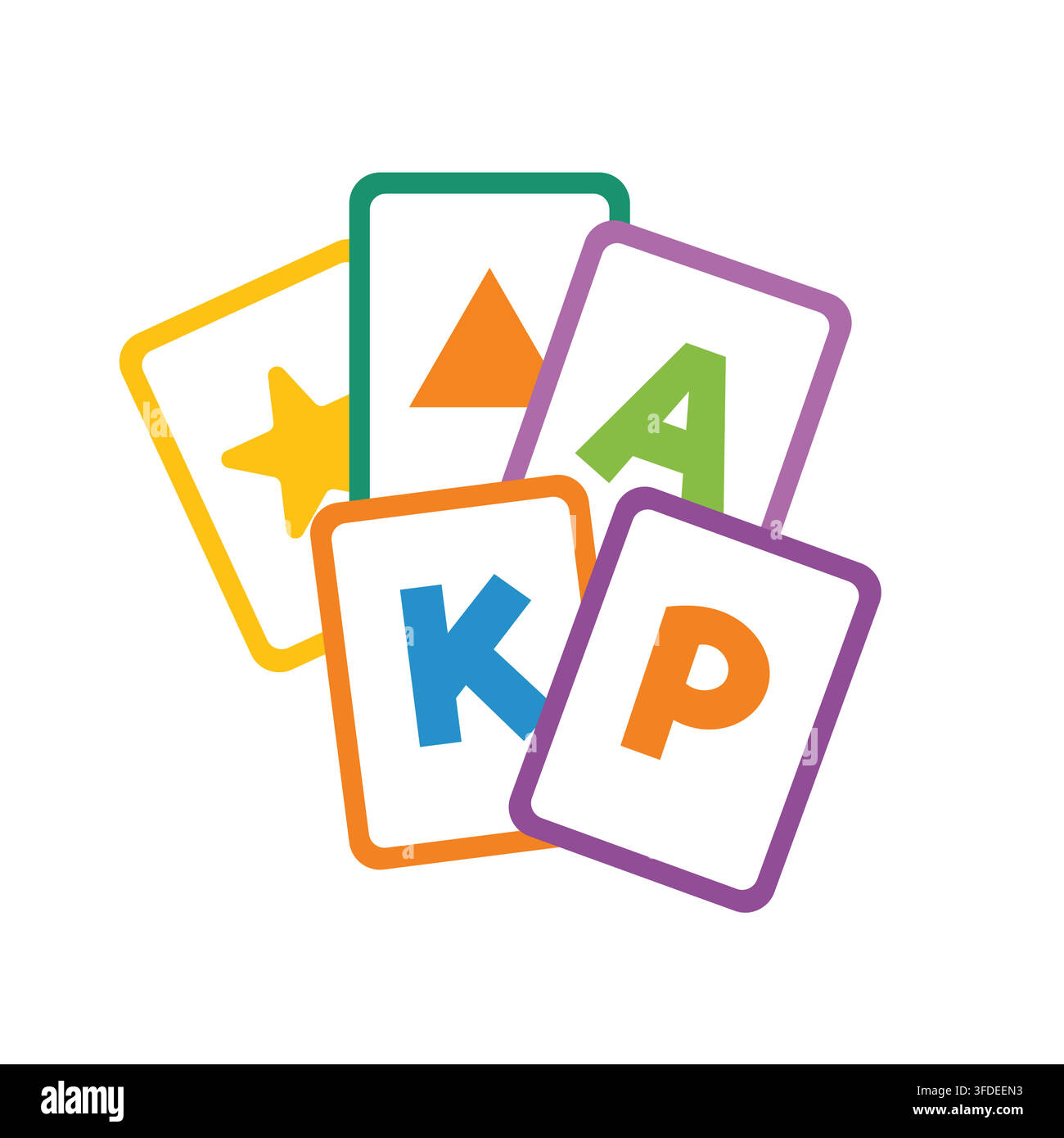 Set di cinque flashcards educative colorate con lettere e forme Illustrazione vettoriale su sfondo bianco isolato Illustrazione Vettoriale