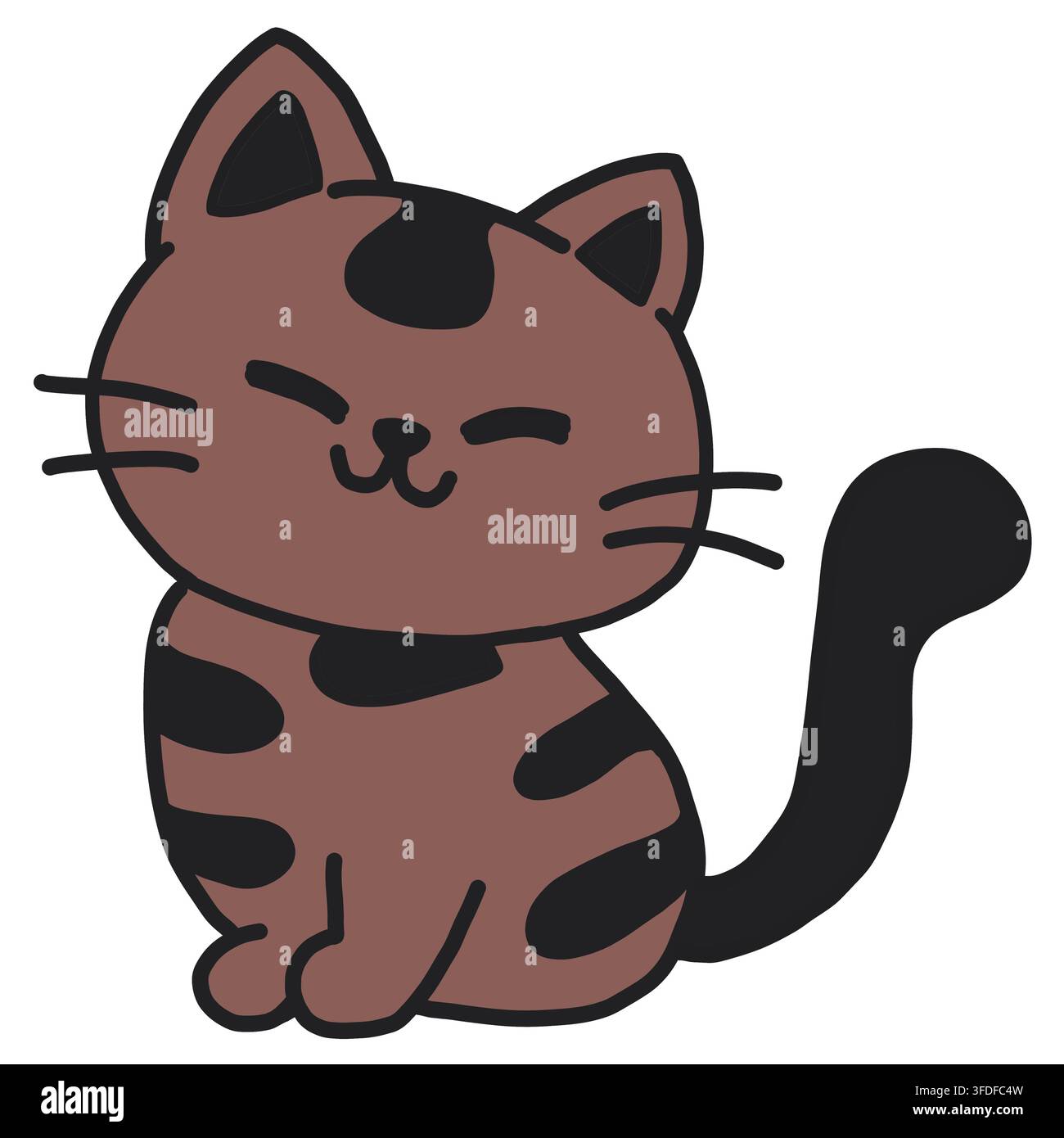 Un'illustrazione affascinante disegnata a mano di un gatto tabby marrone seduto con occhi chiusi e soddisfatti e una coda nera arricciata. Contorni neri spessi e marrone caldo. Foto Stock