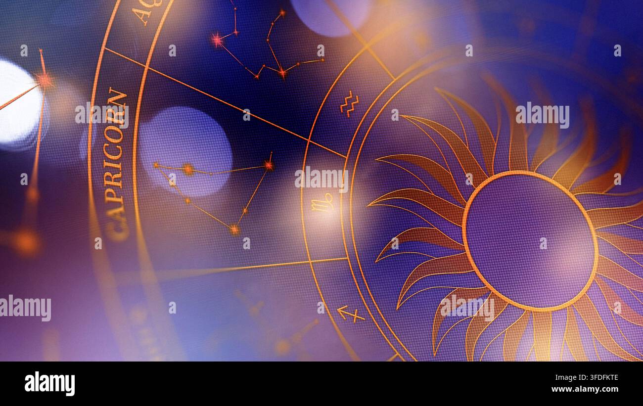 I segni zodiacali sono mostrati su una tabella colorata con pianeti e simboli sullo sfondo Foto Stock