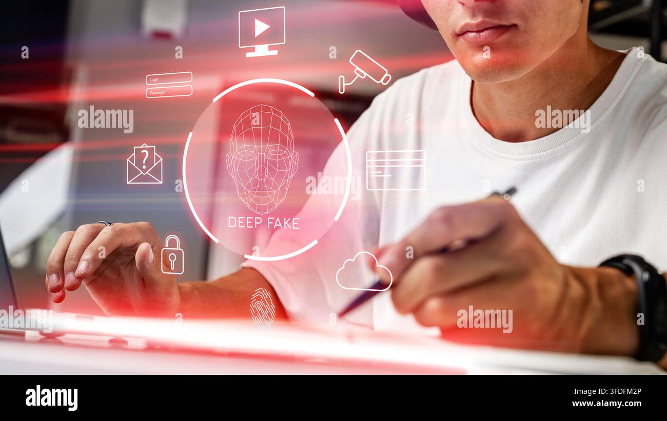 Uomo che utilizza un computer con grafica digitale relativa alla tecnologia deep fake in un ambiente di lavoro moderno Foto Stock