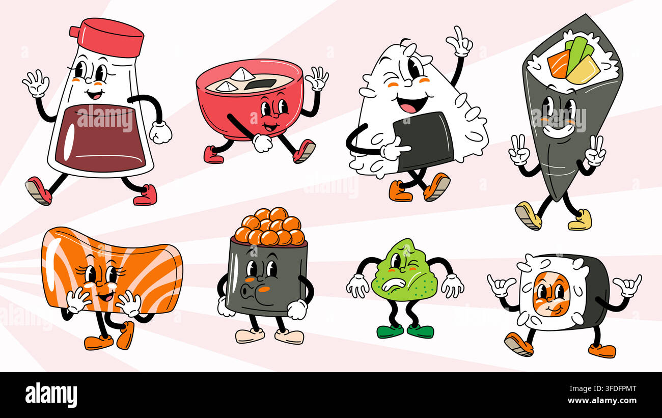 Set di personaggi cartone animato retrò in tubo di gomma con sushi e cibo giapponese, che include una bottiglia di salsa di soia ambulante, zuppa di miso, onigiri, temaki, sashimi di salmone, iku Illustrazione Vettoriale