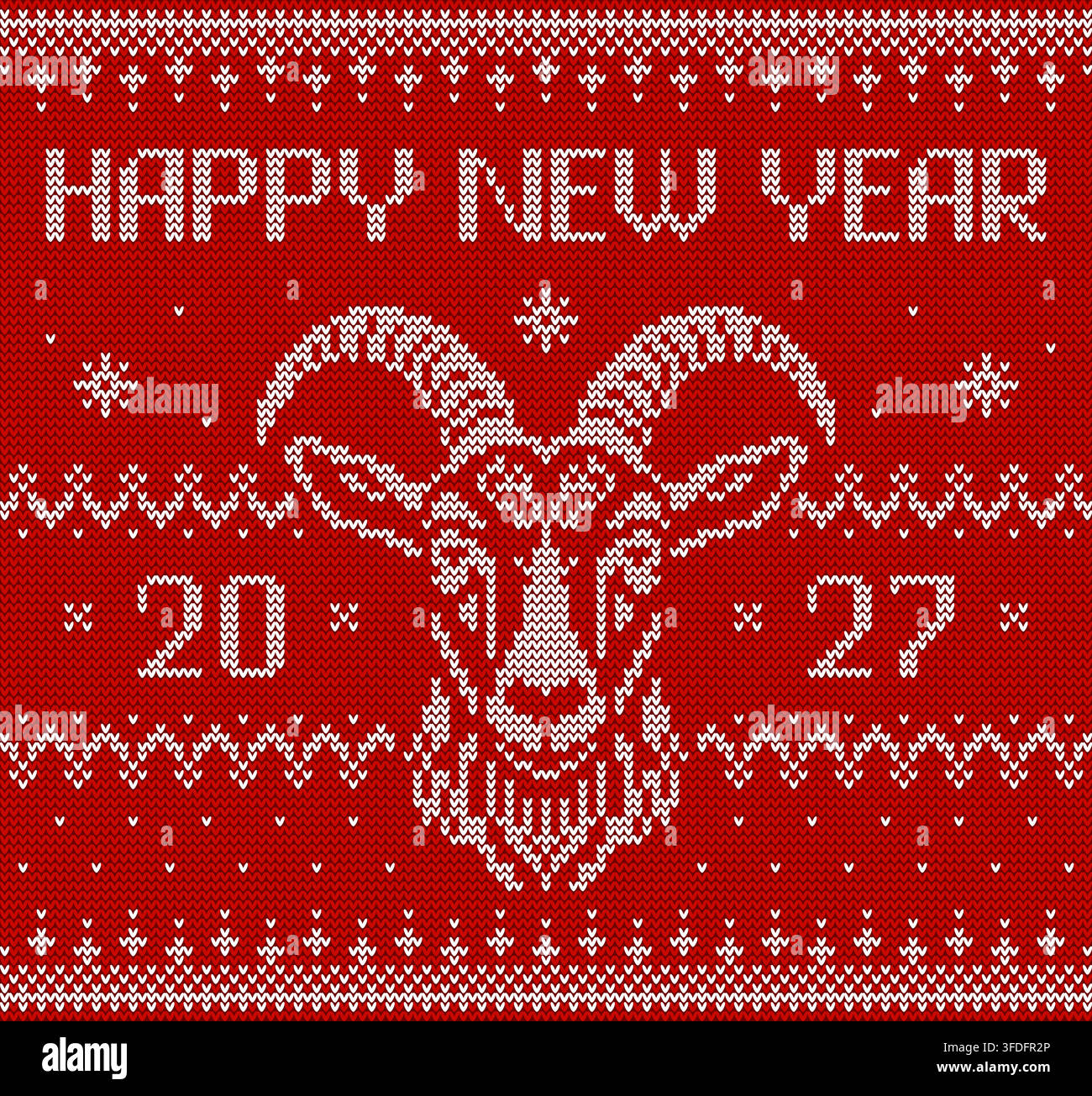 Biglietto di auguri per il Capodanno 2027. Disegno di maglione a maglia dell'anno della capra. Banner festivo vettoriale con testa di capra stilizzata, ornamento natalizio Illustrazione Vettoriale