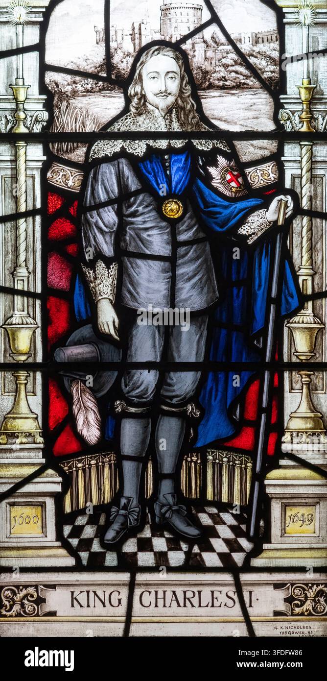 Rappresentazione del 1920 di A. K. Nicholson del re Carlo I, Cattedrale di Chester, Cheshire, Regno Unito Foto Stock