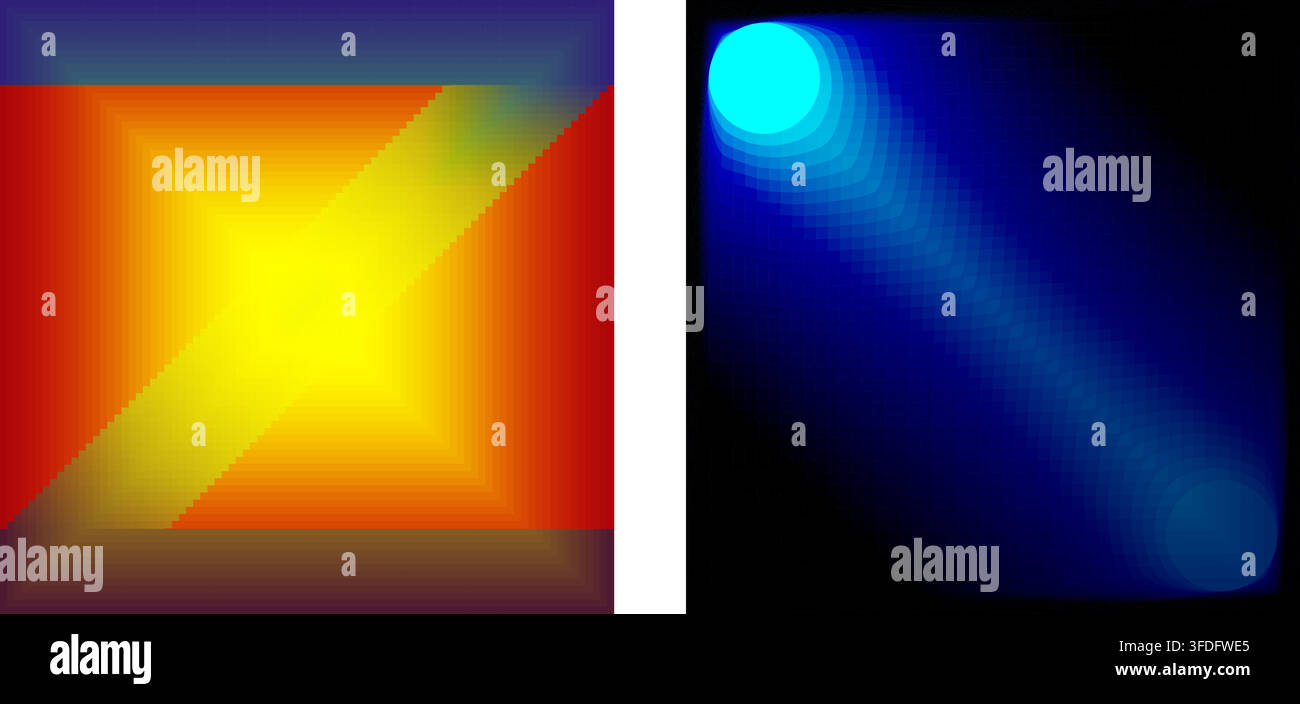 Sfondo astratto con luce giallo-arancione calda e brillante e effetto fascio di luce blu freddo Illustrazione Vettoriale
