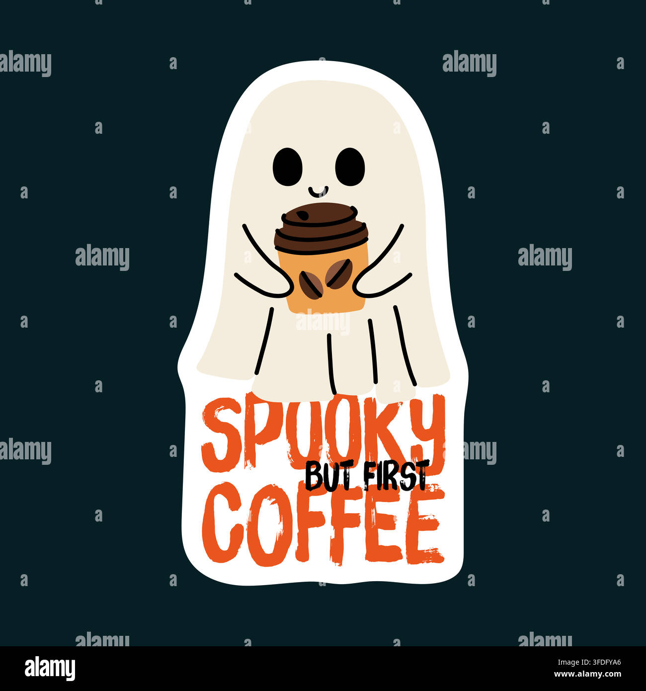 Fantasma carino che tiene una tazza di caffè, adesivo vettoriale doodle per decorazioni di Halloween Illustrazione Vettoriale