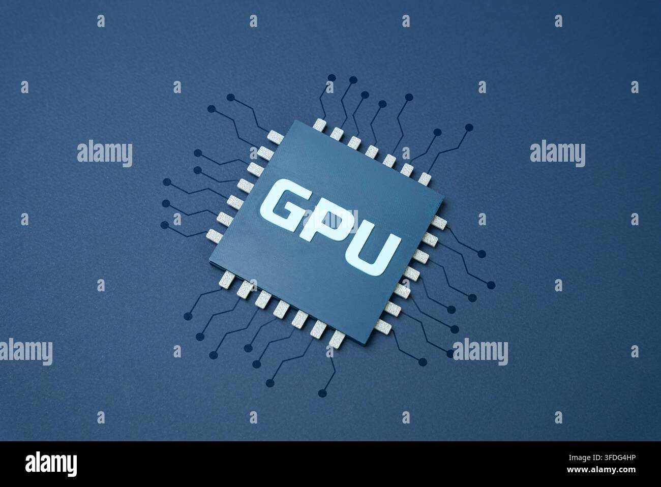 Chip GPU. Tecnologia di microchip del processore grafico per computer, hardware a semiconduttore per il gioco e il concetto di calcolo IA Foto Stock
