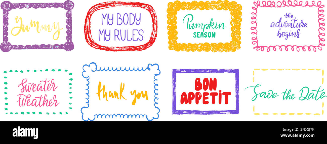 Cornici decorative grunge con frasi in lettere. Design di cornici in stile disegno a matita colorata, bambini disegnano. Ciao autunno, delizioso, striscioni di ringraziamento, set vettoriale Illustrazione Vettoriale