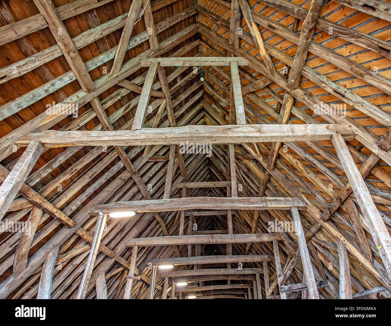Struttura portante in legno sotto il tetto della Cattedrale di Salisbury che mostra l'intricata costruzione medievale in legno Foto Stock