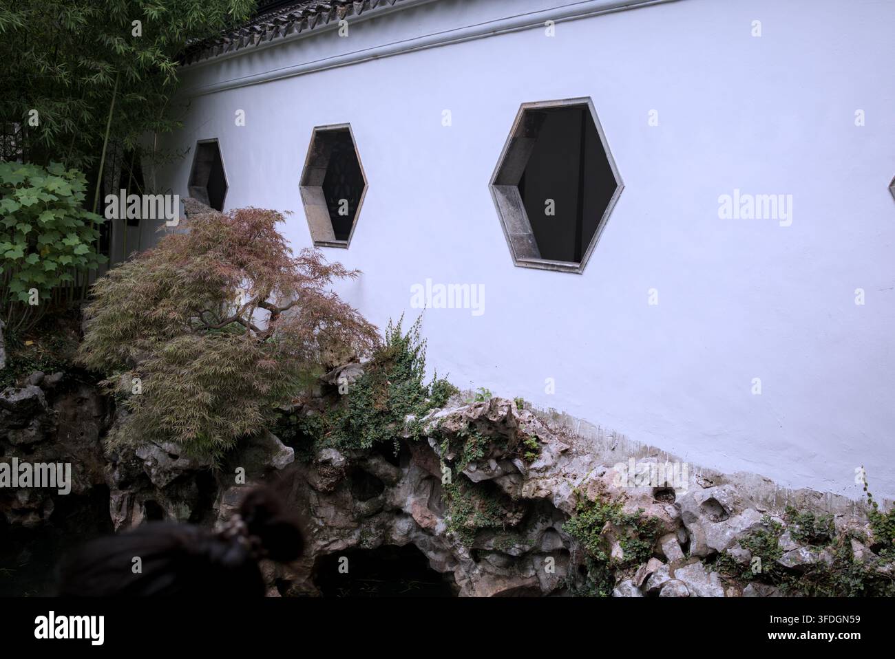 Muro bianco tradizionale del giardino con tre finestre esagonali, Suzhou, Cina. Lion Grove Garden (Shizilin) Foto Stock