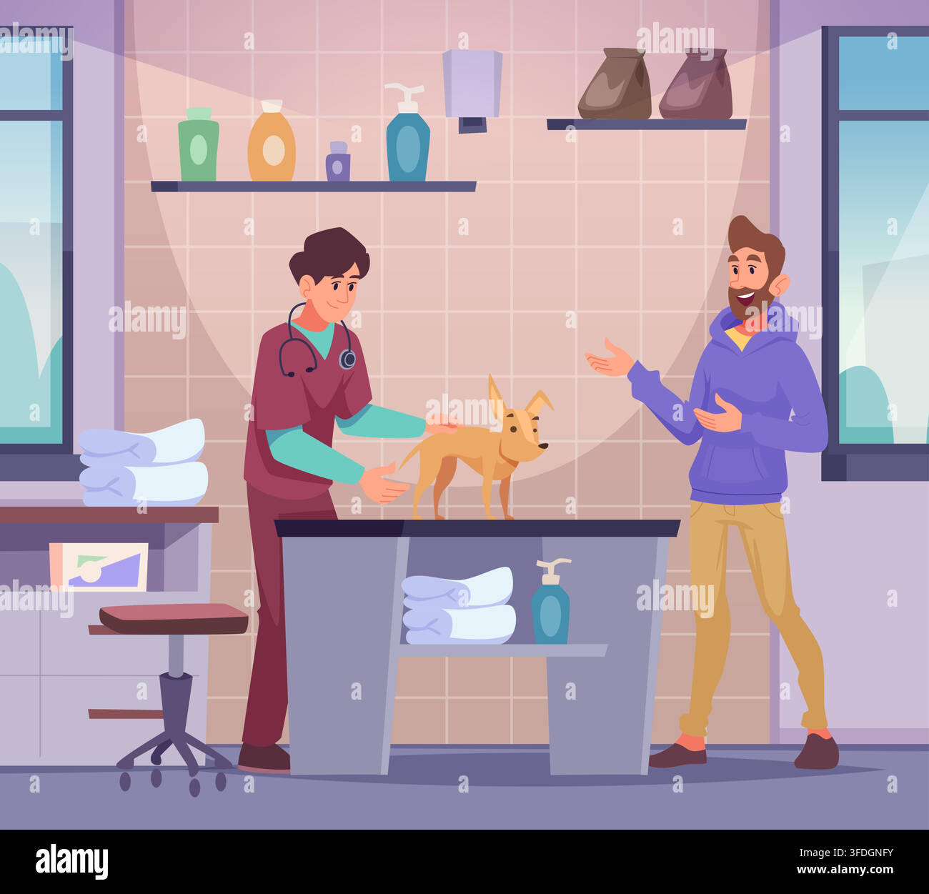 Veterinario che esamina un cane con sfondo di proprietario di animali domestici Illustrazione Vettoriale