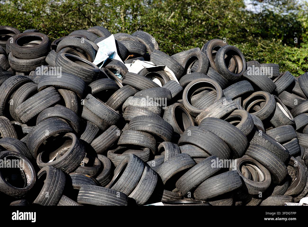 Grande pila di pneumatici di auto usati consumati conservati in sicurezza all'interno di un compound o cortile chiuso, in attesa di lavorazione o smaltimento, Radcliffe, Lancs, UK. Foto Stock