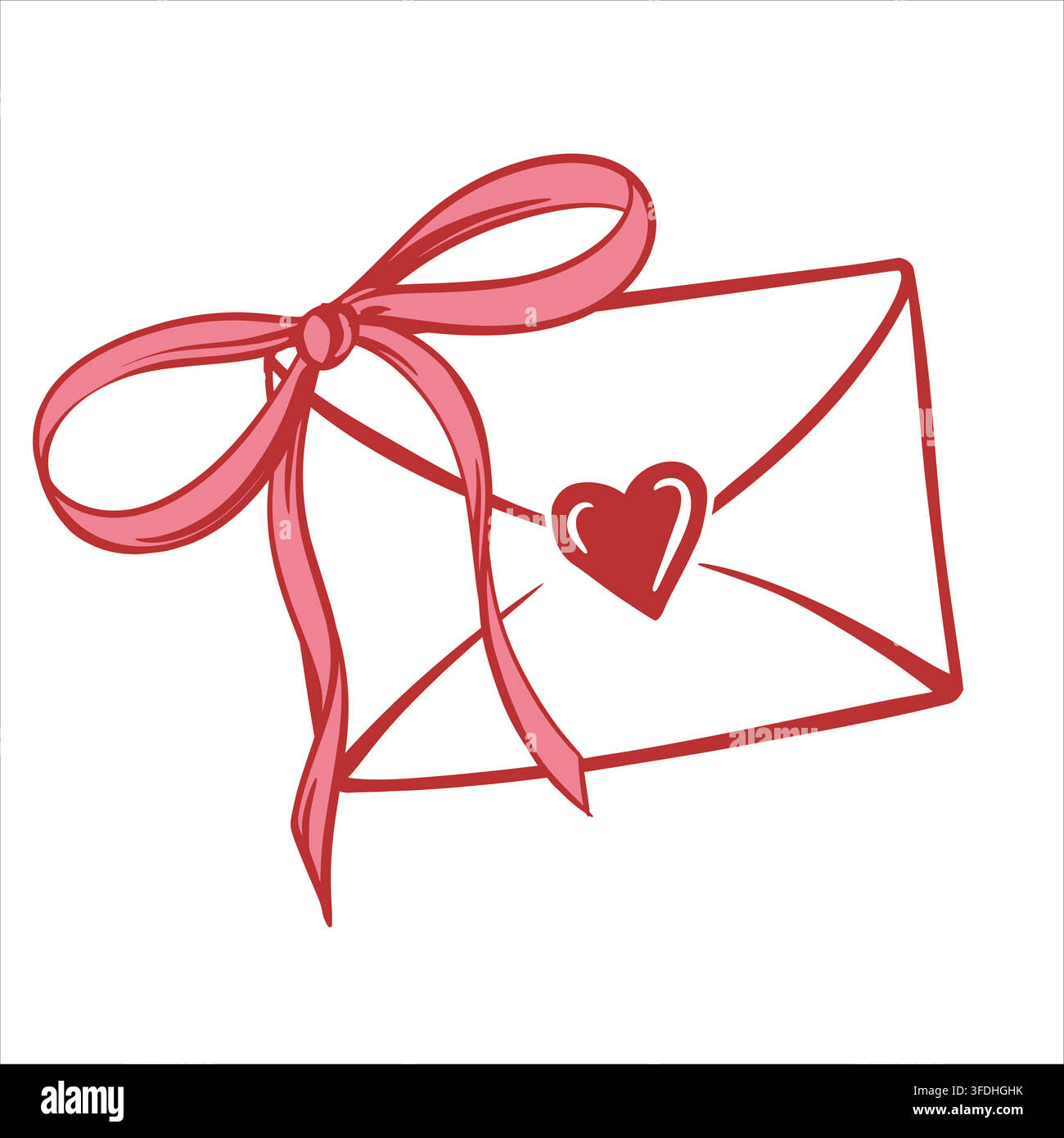 Una lettera d'amore decorata con un fiocco. Una busta sigillata con un messaggio d'amore. Un saluto e una dichiarazione d'amore per San Valentino. Un'illustrazione a tratto civettuola. Clip art vettoriale. Schizzo coquette. Illustrazione Vettoriale