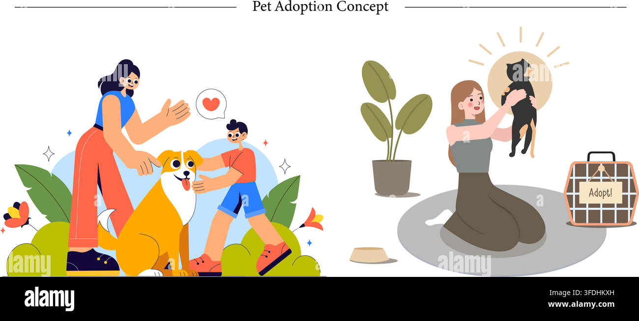 Set di illustrazioni vettoriali sul concetto di adozione di animali domestici con una famiglia che adotta un cane da rifugio e una donna che tiene un gatto nero salvato accanto a una scatola di trasporto. Illustrazione Vettoriale