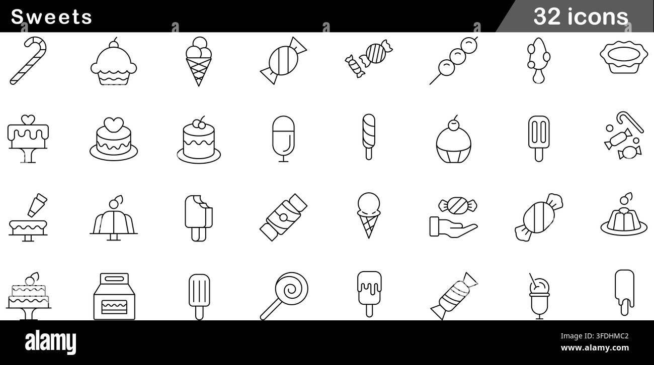 Set di illustrazioni vettoriali di 50 icone di dolci con caramelle avvolte, coni di gelato, ghiaccioli, torte di compleanno, cupcake e linea di dolciumi Illustrazione Vettoriale