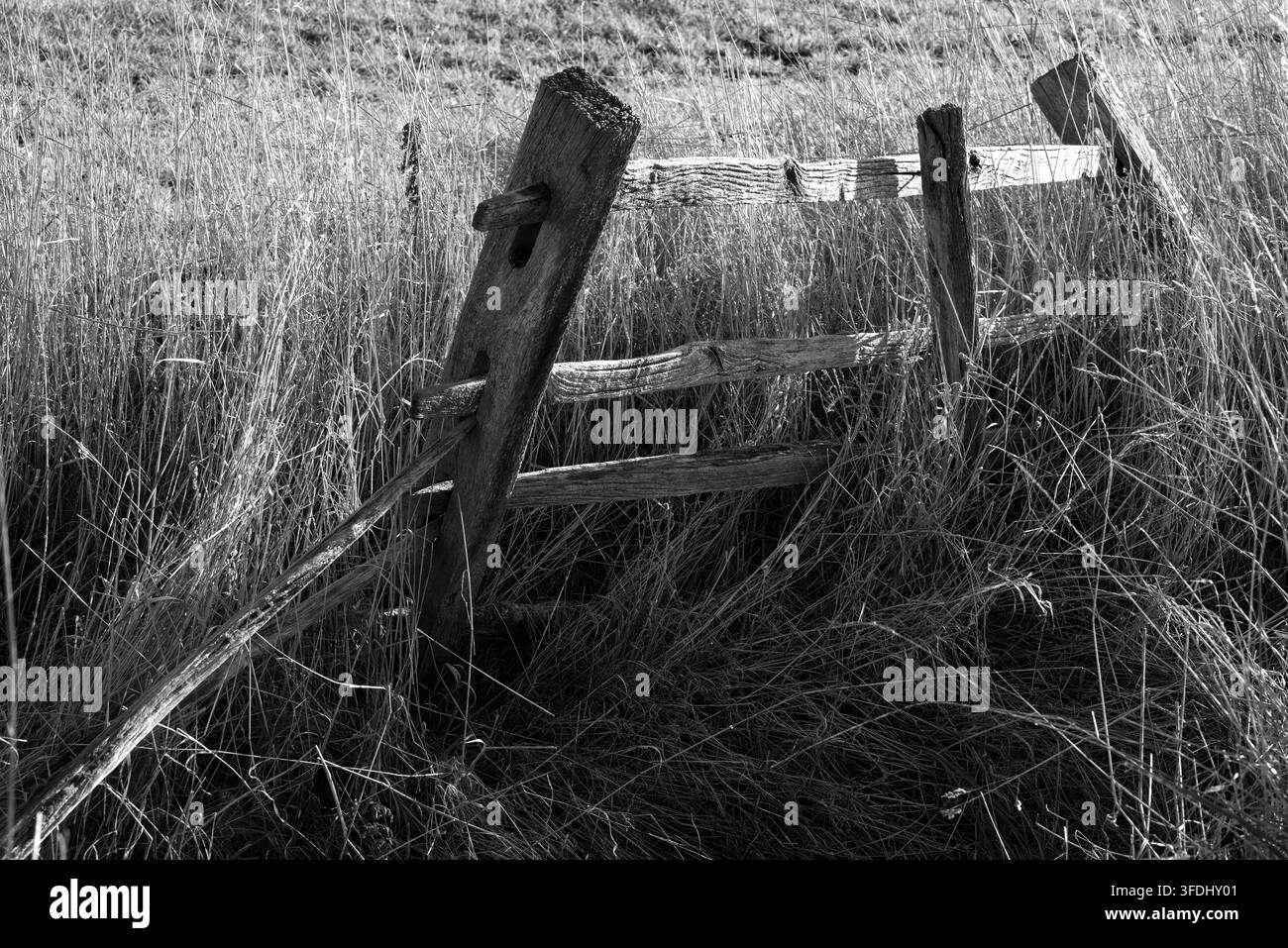 Primo piano di una recinzione di legno rotta da varie angolazioni al bordo del campo in mono Foto Stock