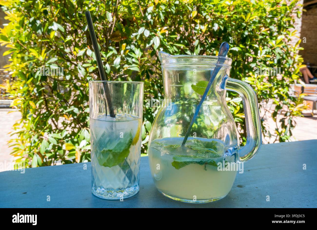 Limonata in una caraffa di vetro trasparente e un bicchiere con menta, lime, ghiaccio e cannucce su un tavolo blu all'aperto circondato da fogliame verde Foto Stock