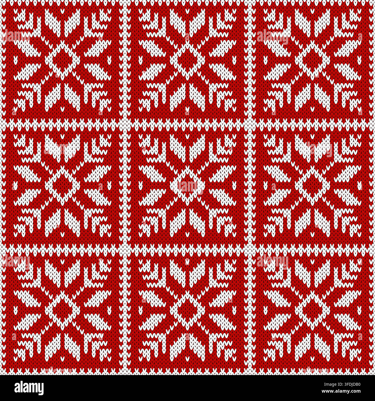 Maglione natalizio brutto con motivo a maglia senza cuciture - fiocchi di neve bianchi in quadrati su sfondo rosso. Design vettoriale. Illustrazione Vettoriale