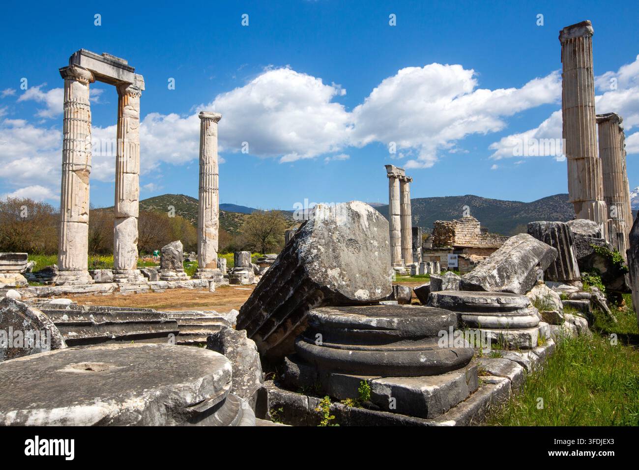 Vista panoramica dell'antico tempio di Afrodite con colonne in piedi ad Afrodisia Foto Stock