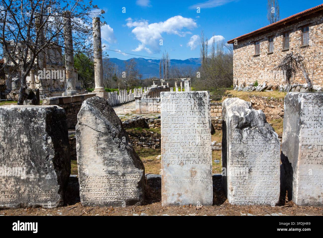Antiche iscrizioni greche su stele di marmo nel sito archeologico di Afrodisia Foto Stock