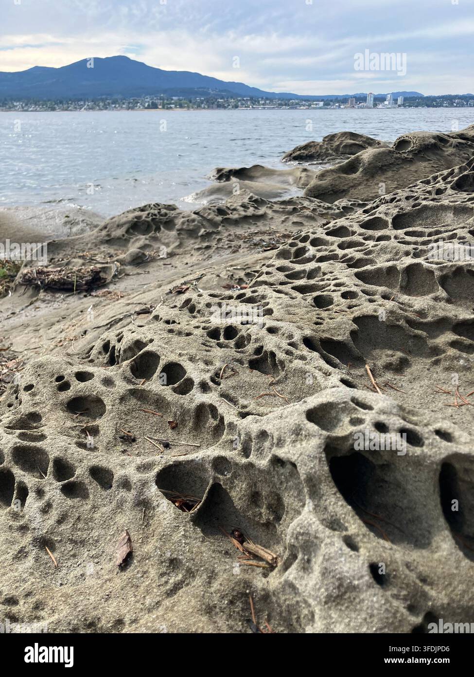 Uniche formazioni rocciose in arenaria a nido d'ape lungo la costa a Jack Point e Briggs Park con lo skyline della città di Nanaimo dall'altra parte dell'acqua. - Immagine stock catturata con smartphone