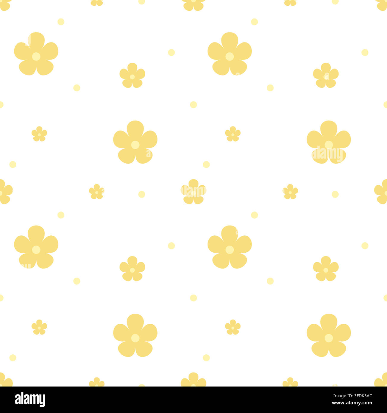 Modello floreale senza cuciture allegro con fiori giallo pastello e punti giallo pallido su sfondo bianco. Un semplice design decorativo per tessuto, carta da parati Illustrazione Vettoriale