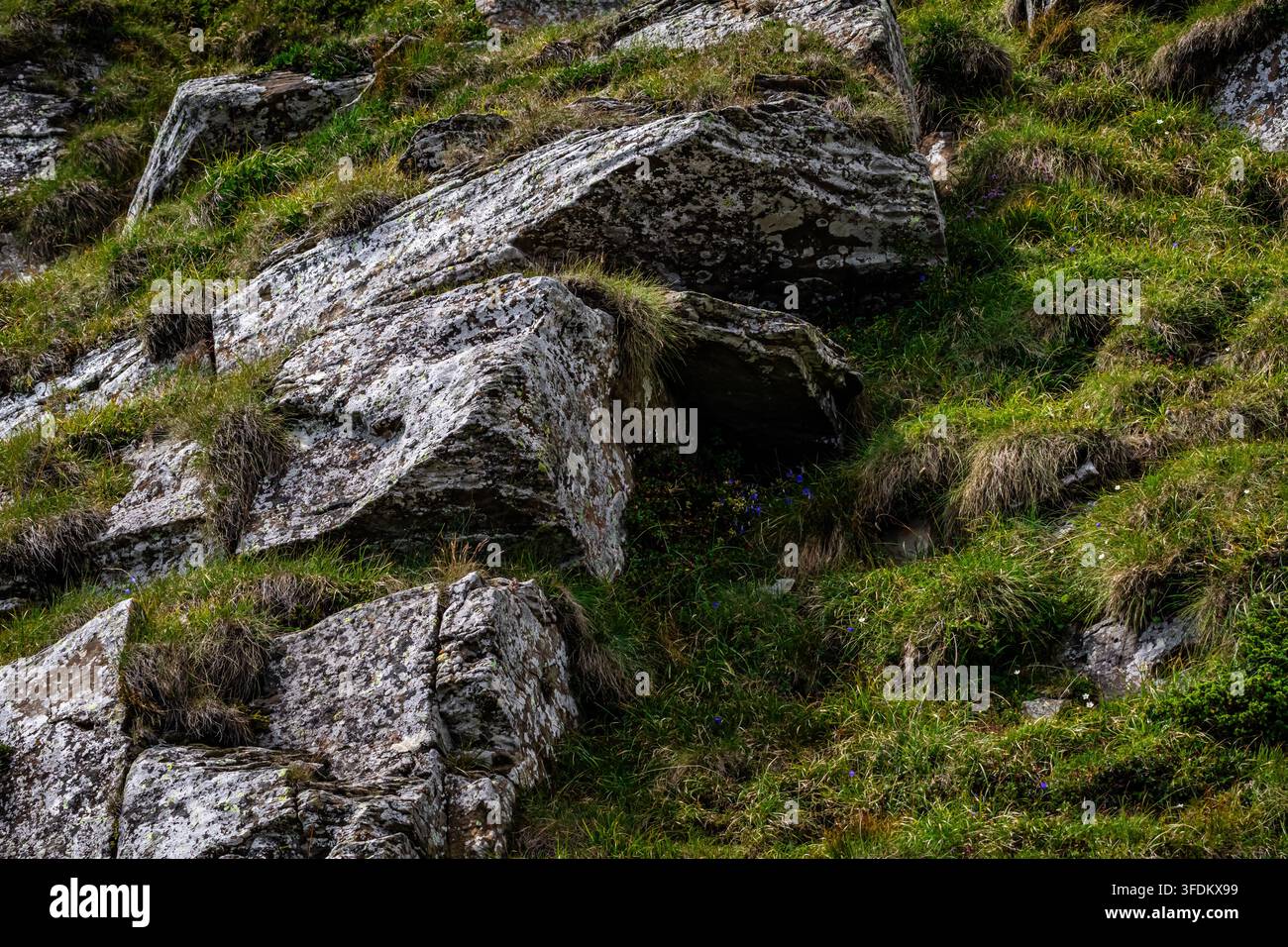 Blocchi frastagliati di pietra grigia formano un pendio irruvidito con una cavità scura sotto una lastra. Ciuffi d'erba si aggrappano alle fessure creando una montagna drammatica Foto Stock
