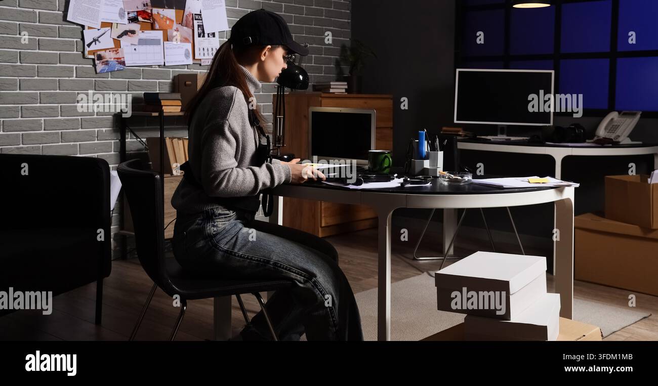 Indagine criminale e lavoro di polizia, donna detective che analizza prove su un laptop di notte in un ufficio buio con foto della scena del crimine su un muro di mattoni Foto Stock