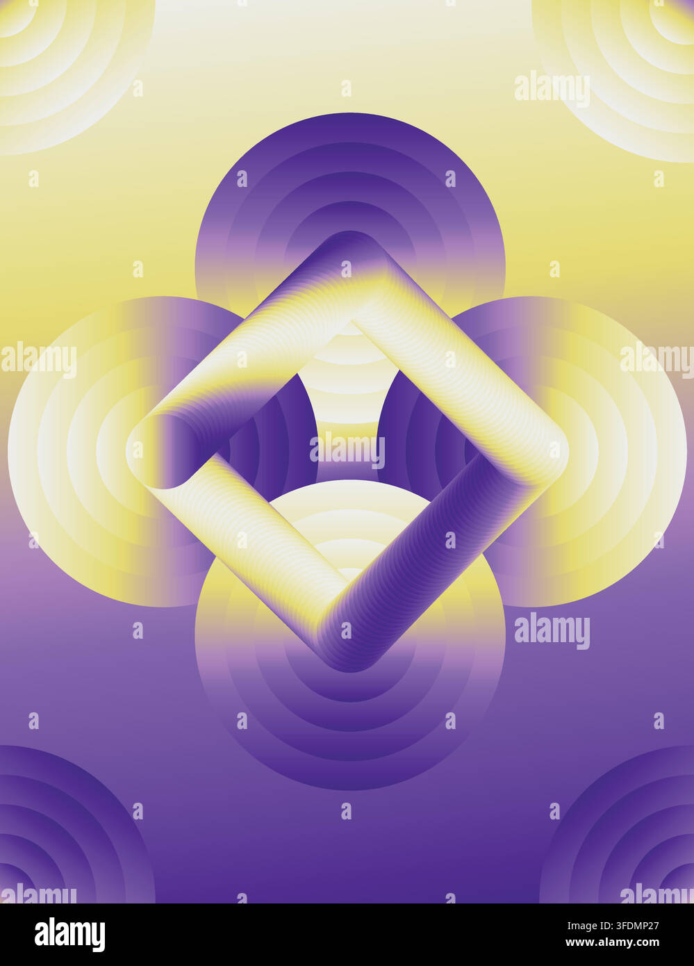 Composizione astratta moderna con cerchi concentrici e una cornice quadrata centrale con una sfumatura liscia viola e gialla, che crea un effetto 3D futuristico Illustrazione Vettoriale