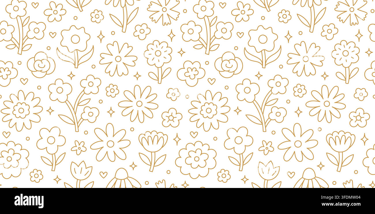 Modello senza cuciture con fiori a linea in stile folk artistico scandinavo naif su sfondo bianco. Ornamento floreale piatto disegnato a mano per tessuti per bambini Illustrazione Vettoriale